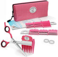 Scaredy Cut Silent Pet Grooming Kit front view showcasing pink left handed scissors and seven multi length attachment combs.
