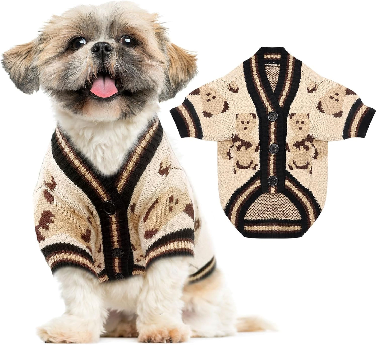 ABRRLO small dog sweater cute bear cardigan front view beige medium