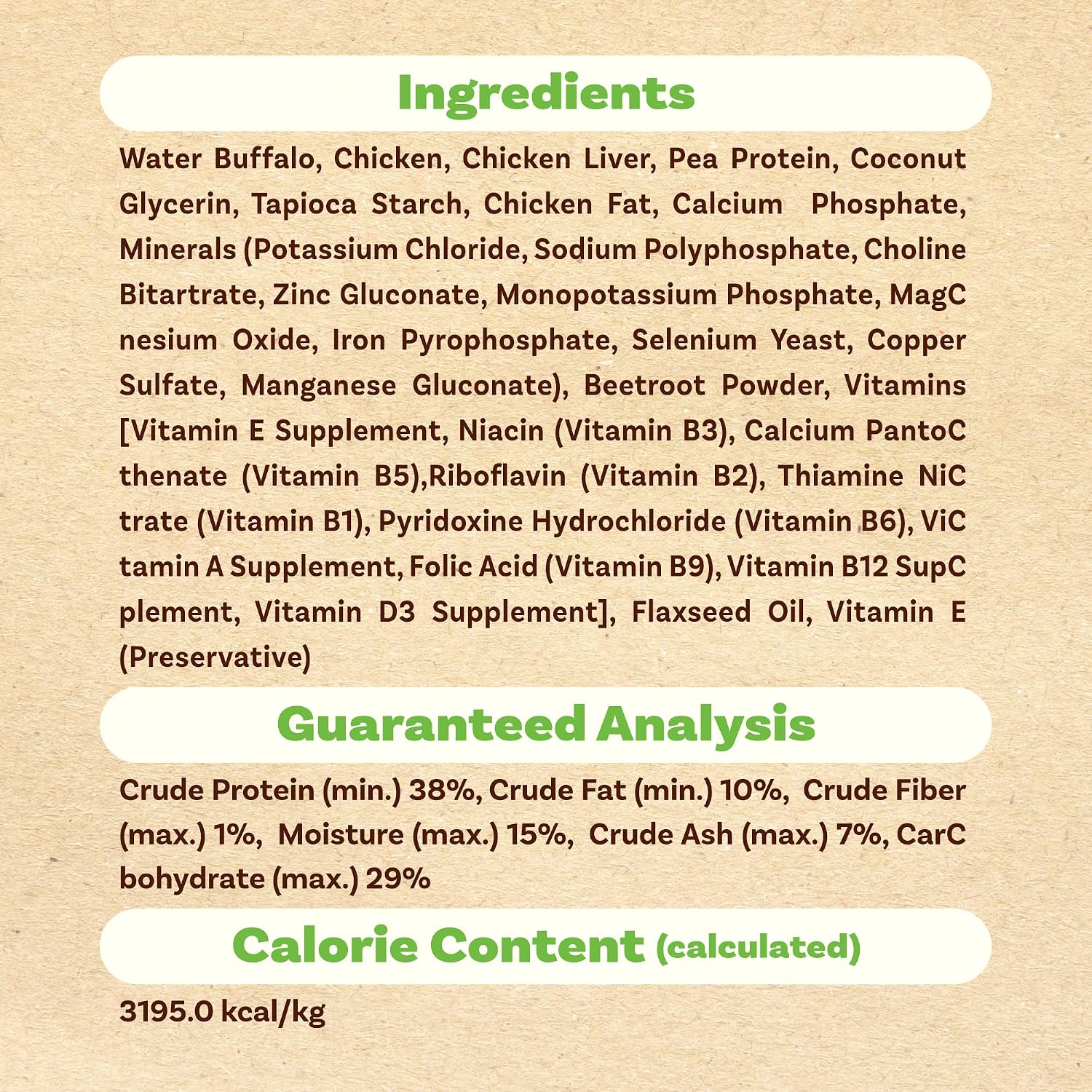 Nutritional profile and analytical constituents panel of the high protein all natural dog food formulation.