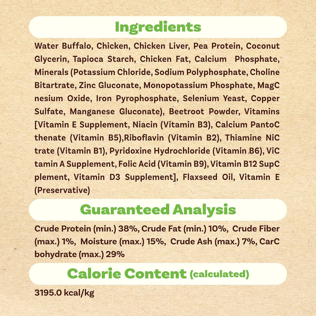 Nutritional profile and analytical constituents panel of the high protein all natural dog food formulation.