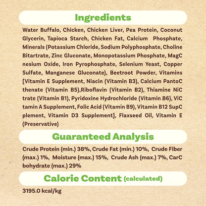 Nutritional profile and analytical constituents panel of the high protein all natural dog food formulation.