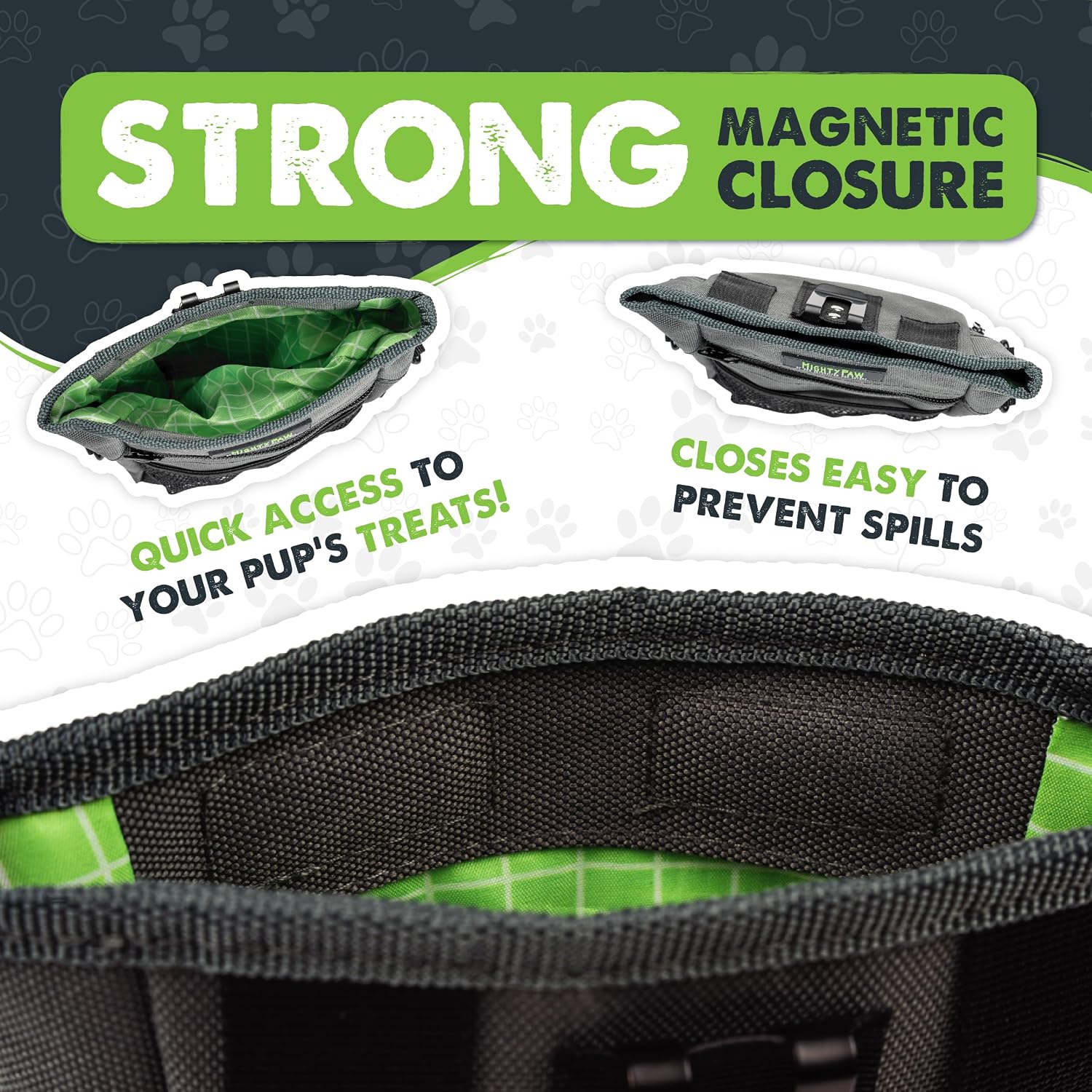Mighty Paw pet training snack bag showing open magnetic clasp closure