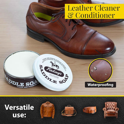 Open tin of authentic Fiebing's leather cleaning and conditioning soap