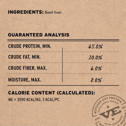 Premium freeze dried raw dog treats containing one hundred percent beef liver