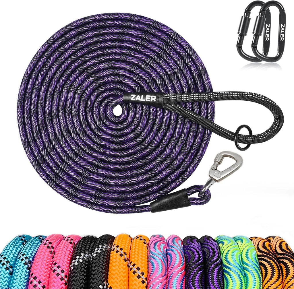ZALER Long Dog Leash front view of the black and purple thirty foot heavy duty climbing rope training lead