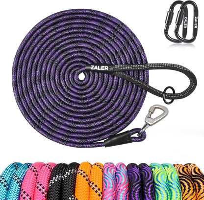 ZALER Long Dog Leash front view of the black and purple thirty foot heavy duty climbing rope training lead