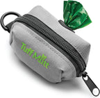 Tuff Mutt Dog Poop Bag Holder front view showing grey fabric and green embroidered logo