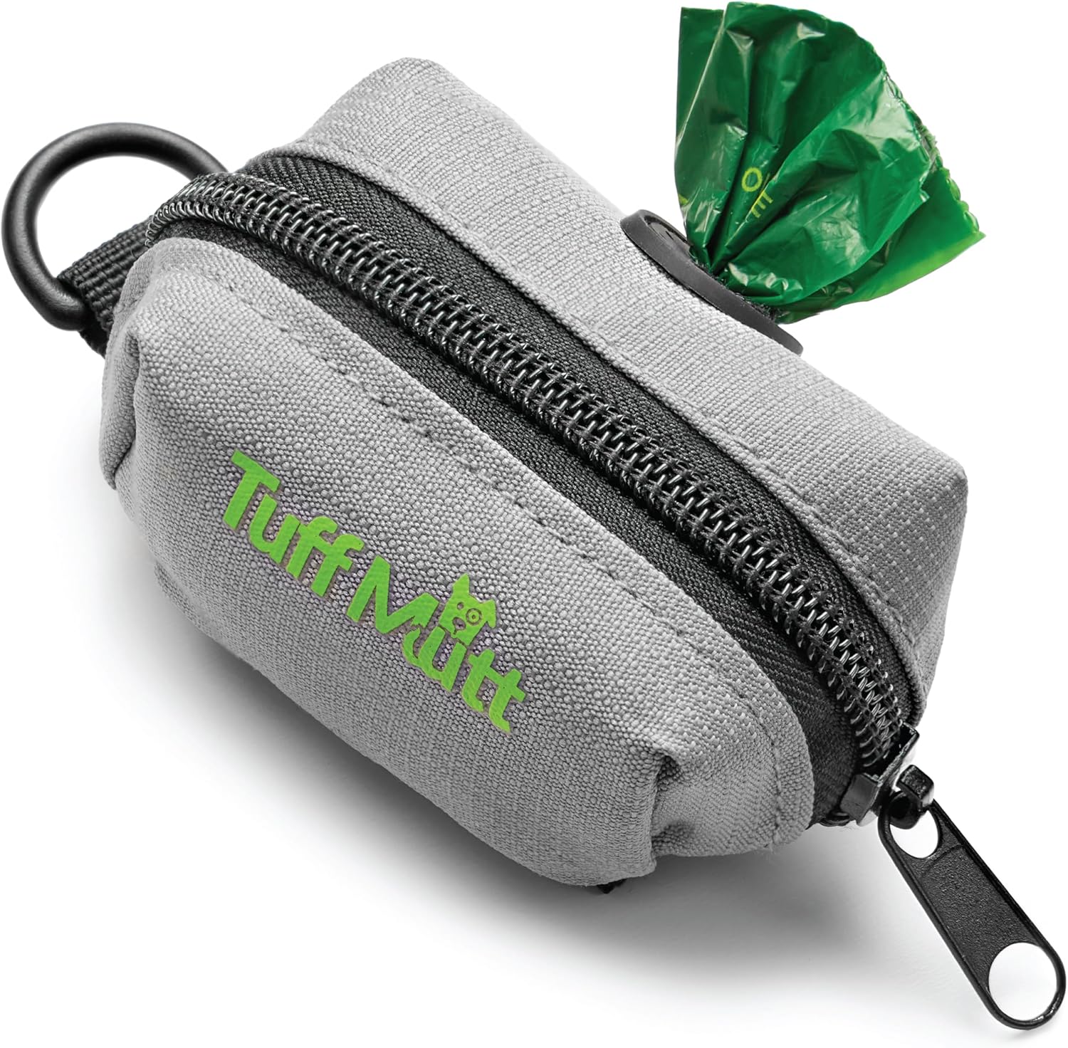 Tuff Mutt Dog Poop Bag Holder front view showing grey fabric and green embroidered logo