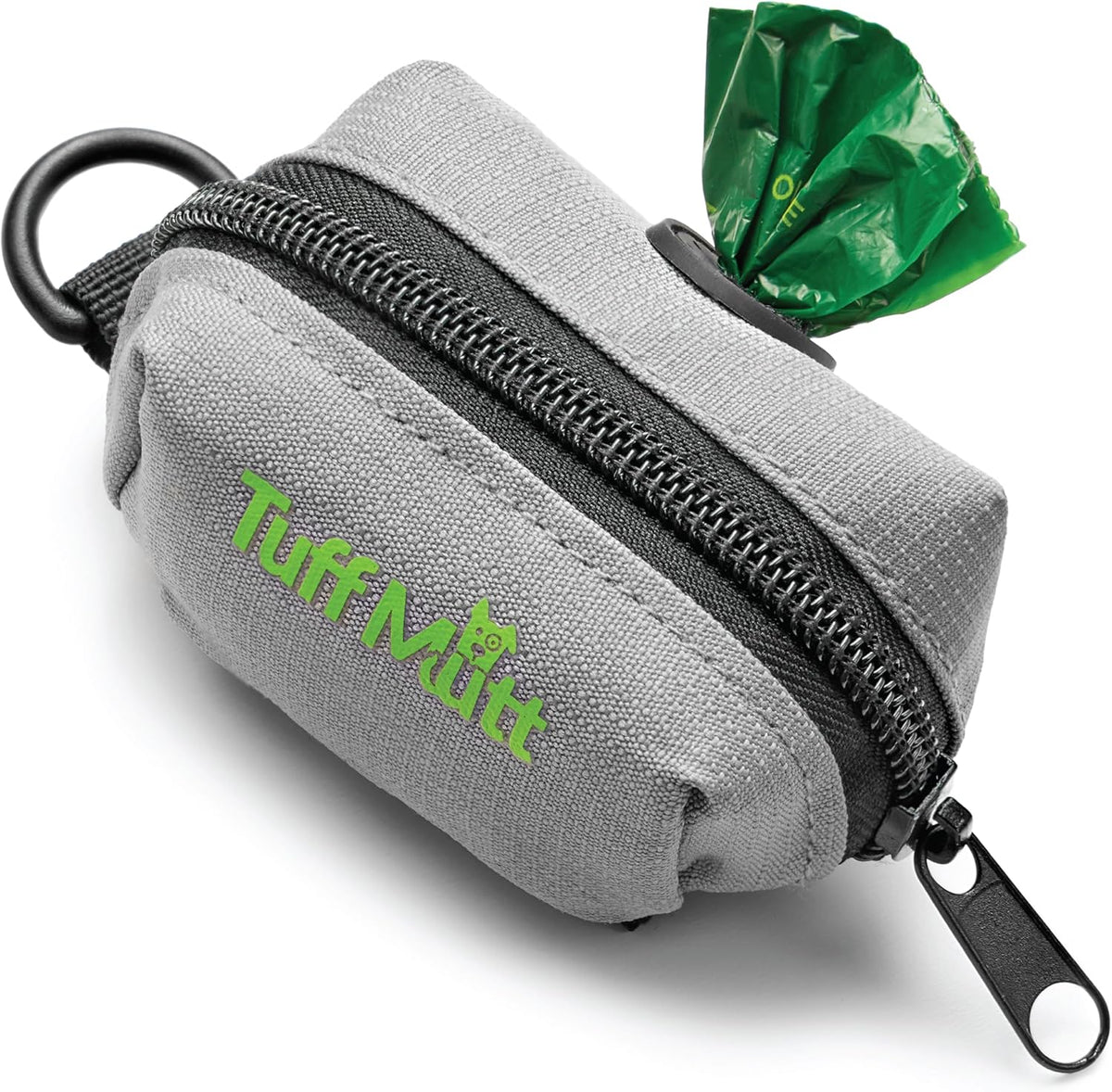Tuff Mutt Dog Poop Bag Holder front view showing grey fabric and green embroidered logo