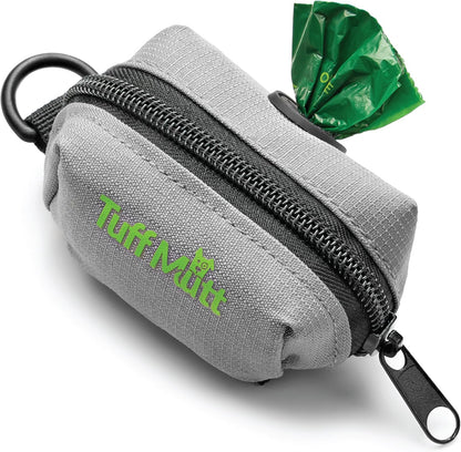 Tuff Mutt Dog Poop Bag Holder front view showing grey fabric and green embroidered logo