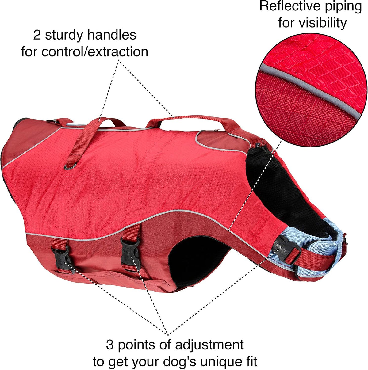 Kurgo dog life jacket side profile showcasing the chili red adjustable straps