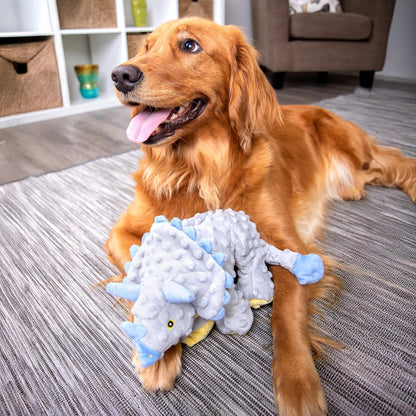 Authentic imported goDog gray triceratops durable pet companion toy packaging details