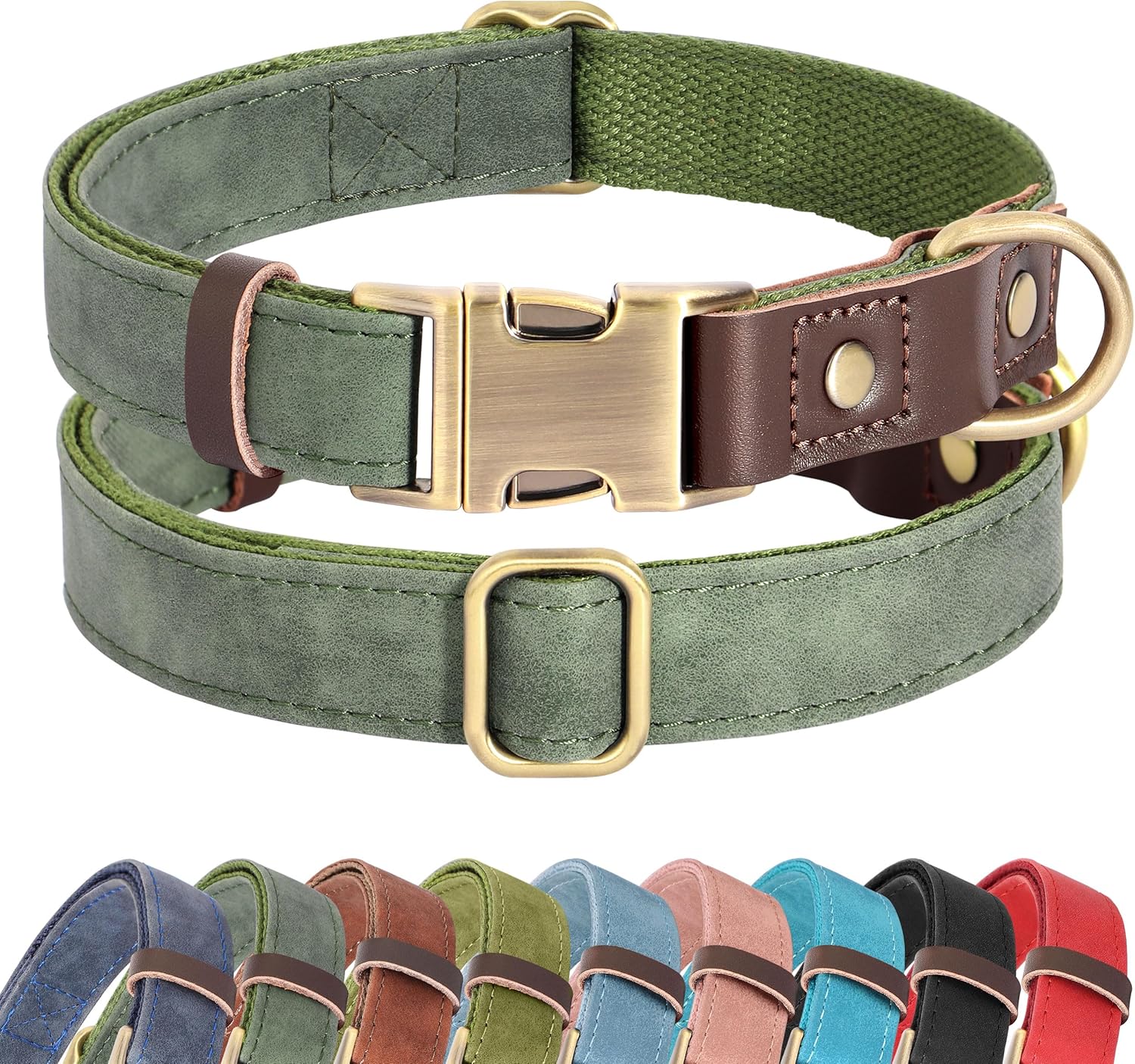 Didog soft PU leather dog collar front view in green
