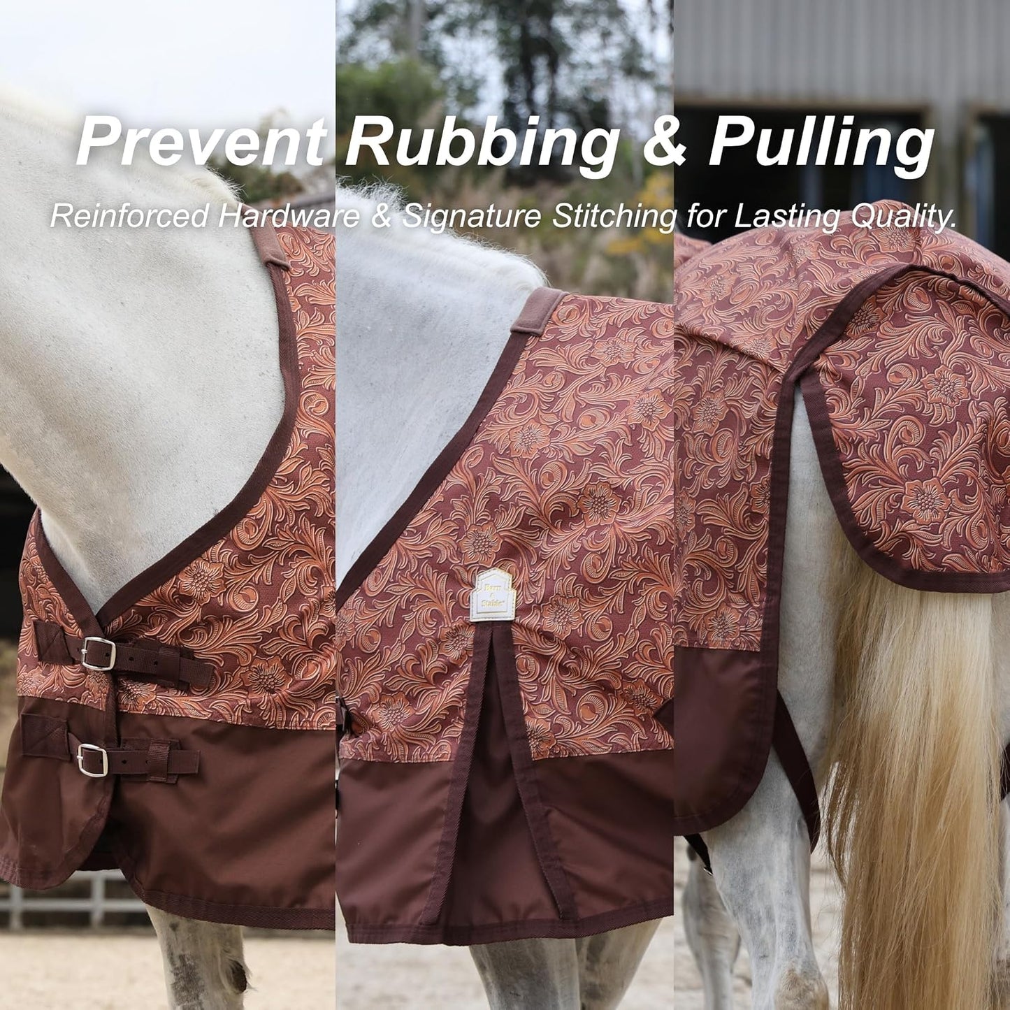 Barn And Stable uninsulated horse turnout sheet detailing the adjustable front chest buckles.