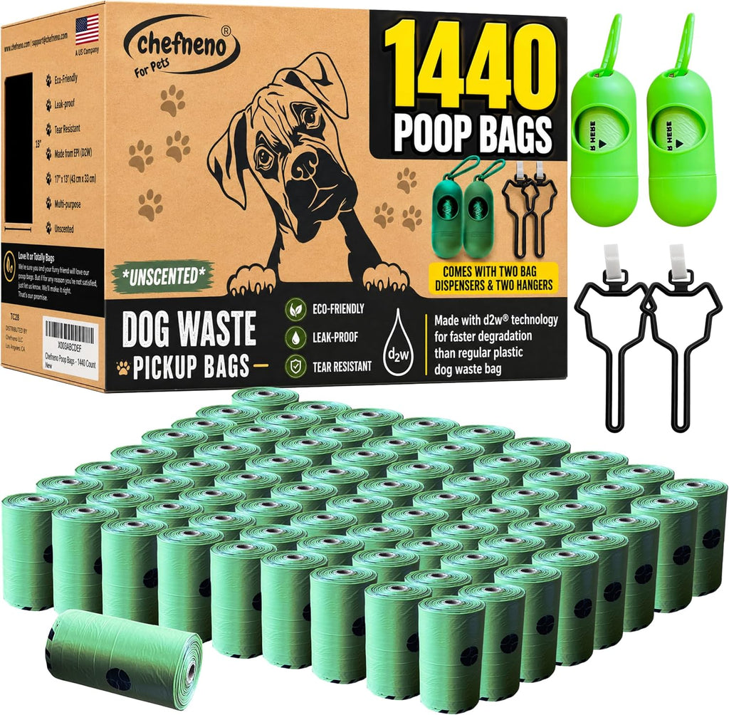 Chefneno biodegradable doggy poop bags front view showcasing bulk packaging and green rolls.