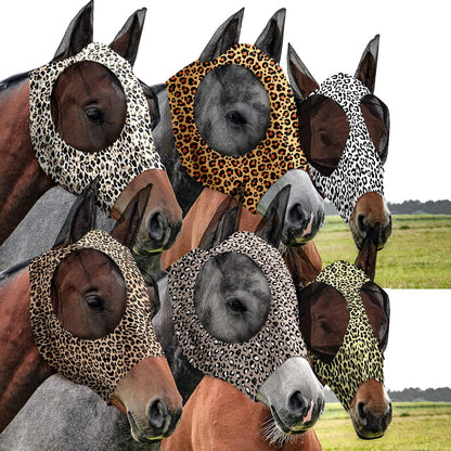 Horse wearing protective fly mask during outdoor riding