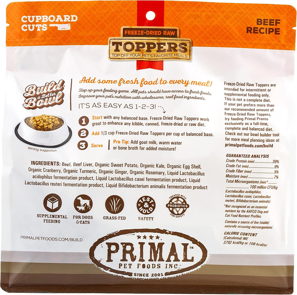 Primal grass fed beef and probiotic pet food topper 18 Ounce bag standing upright