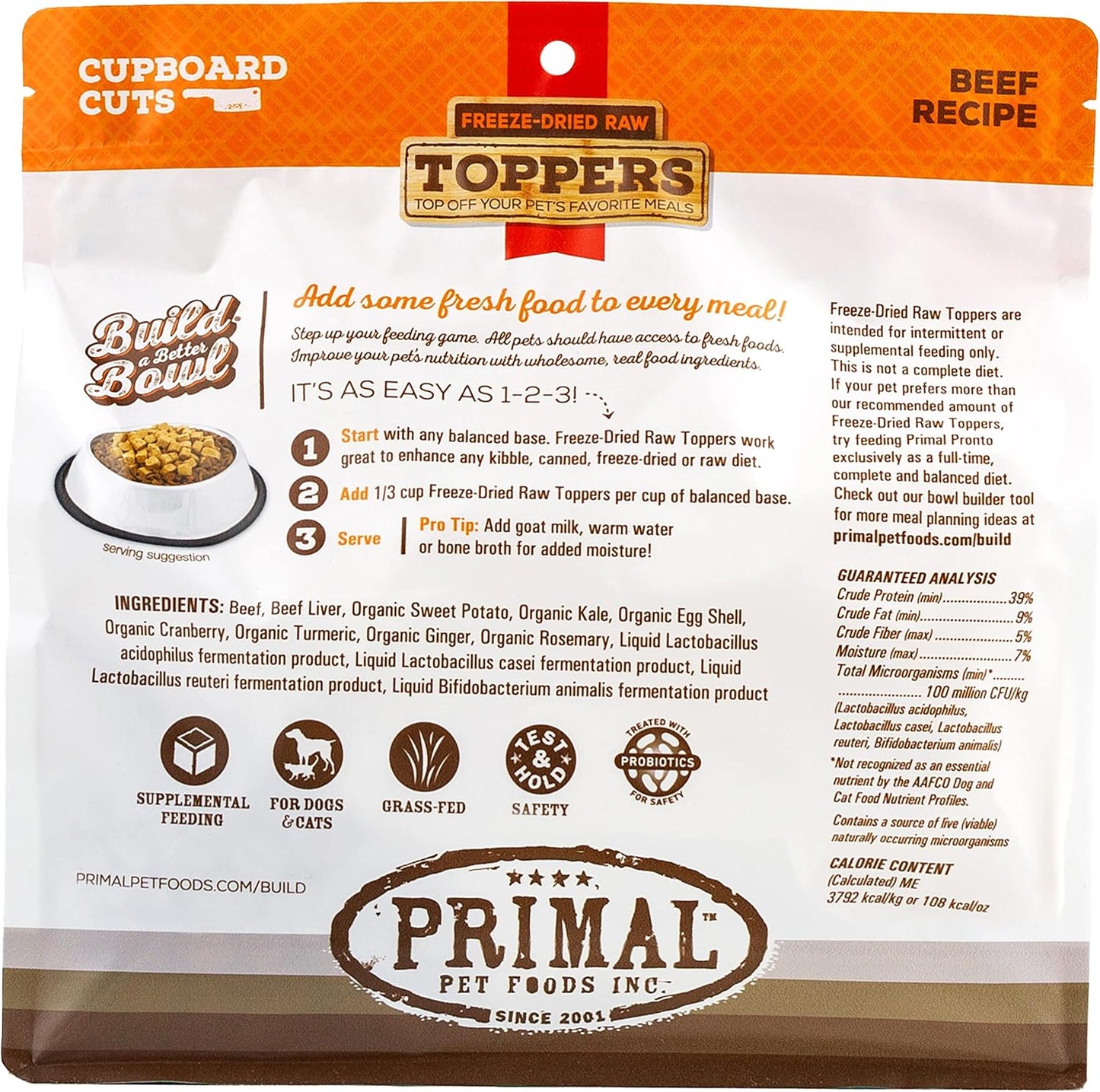 Primal grass fed beef and probiotic pet food topper 18 Ounce bag standing upright