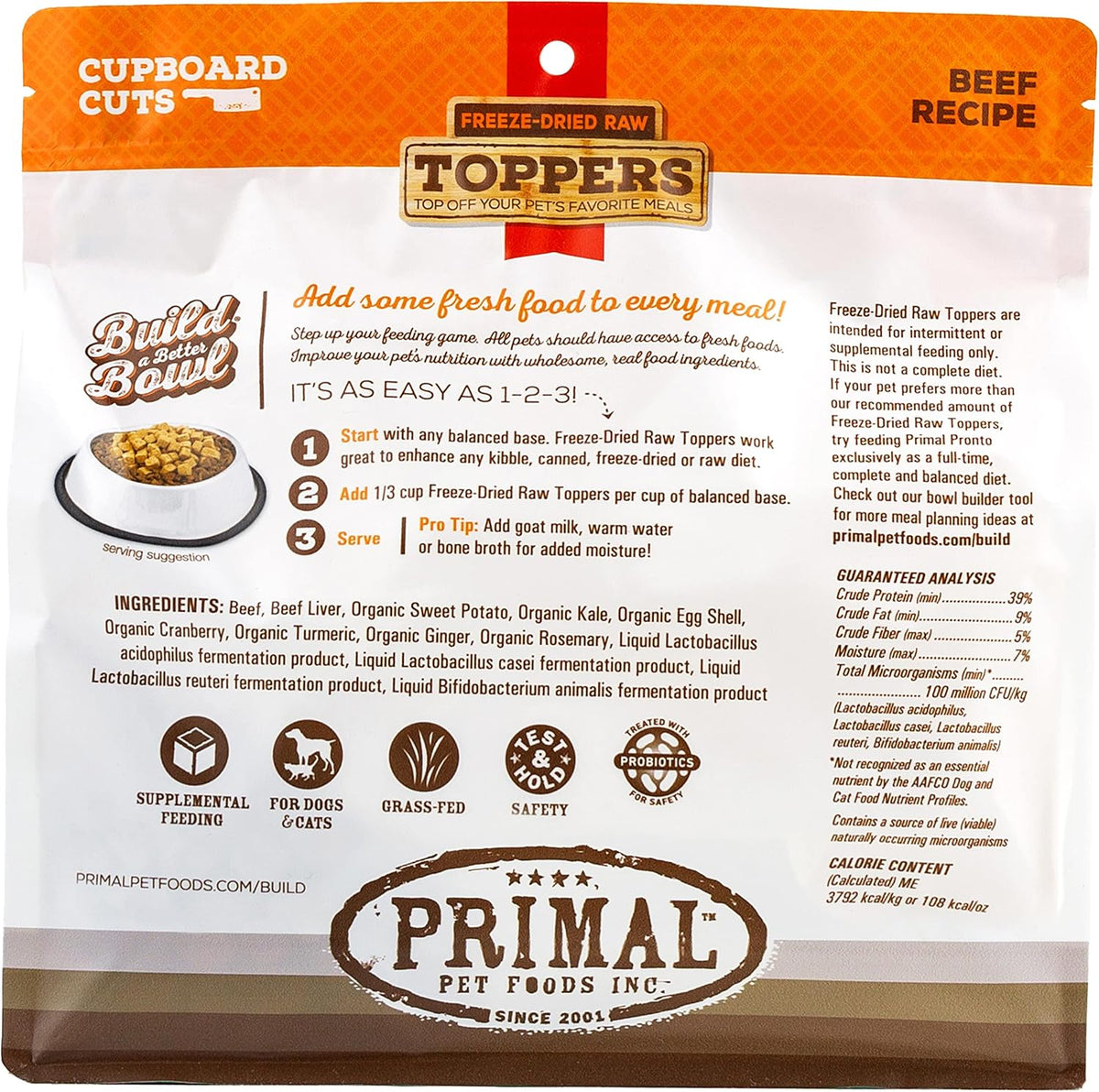 Primal grass fed beef and probiotic pet food topper 18 Ounce bag standing upright