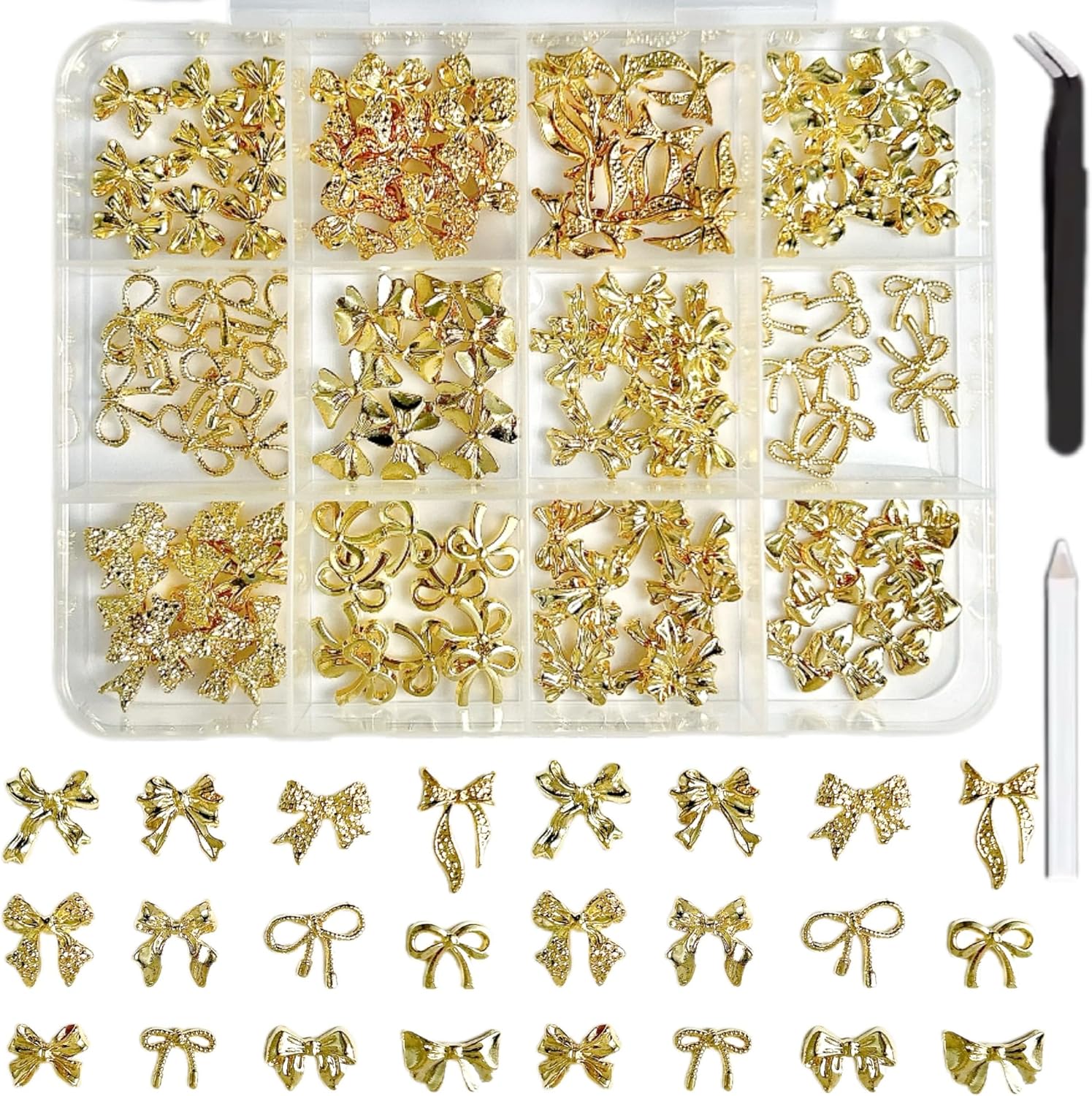 Lerbou 120Pcs gold bow nail charms in organizing box