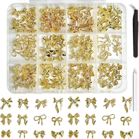 Lerbou 120Pcs gold bow nail charms in organizing box