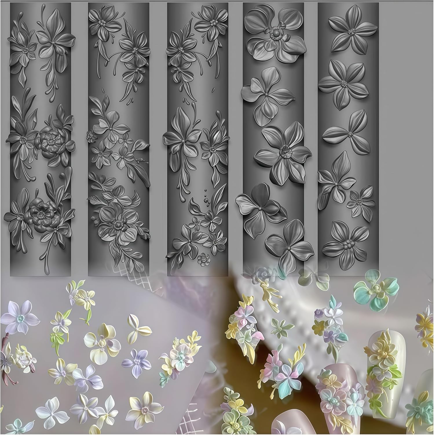 Gehaiwo 3D flower nail mold silicone nail tool front view showing detailed floral cavities for manicure designs