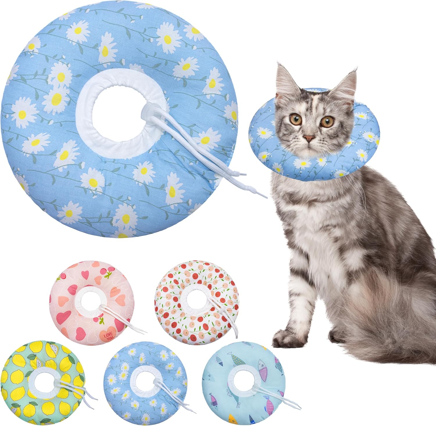 Authentic Seyezo soft donut pet collar packaging and sizing illustration