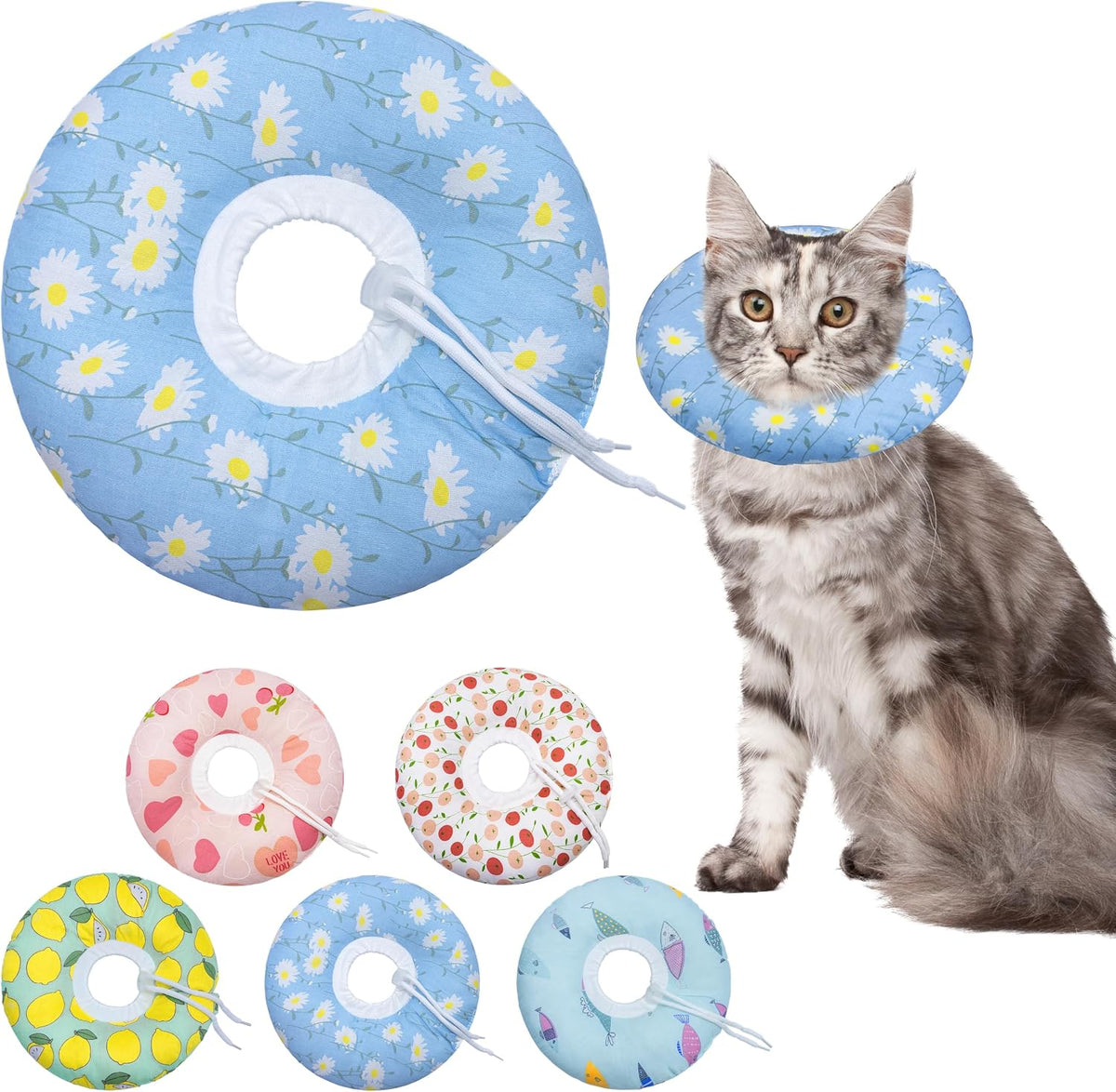 Authentic Seyezo soft donut pet collar packaging and sizing illustration