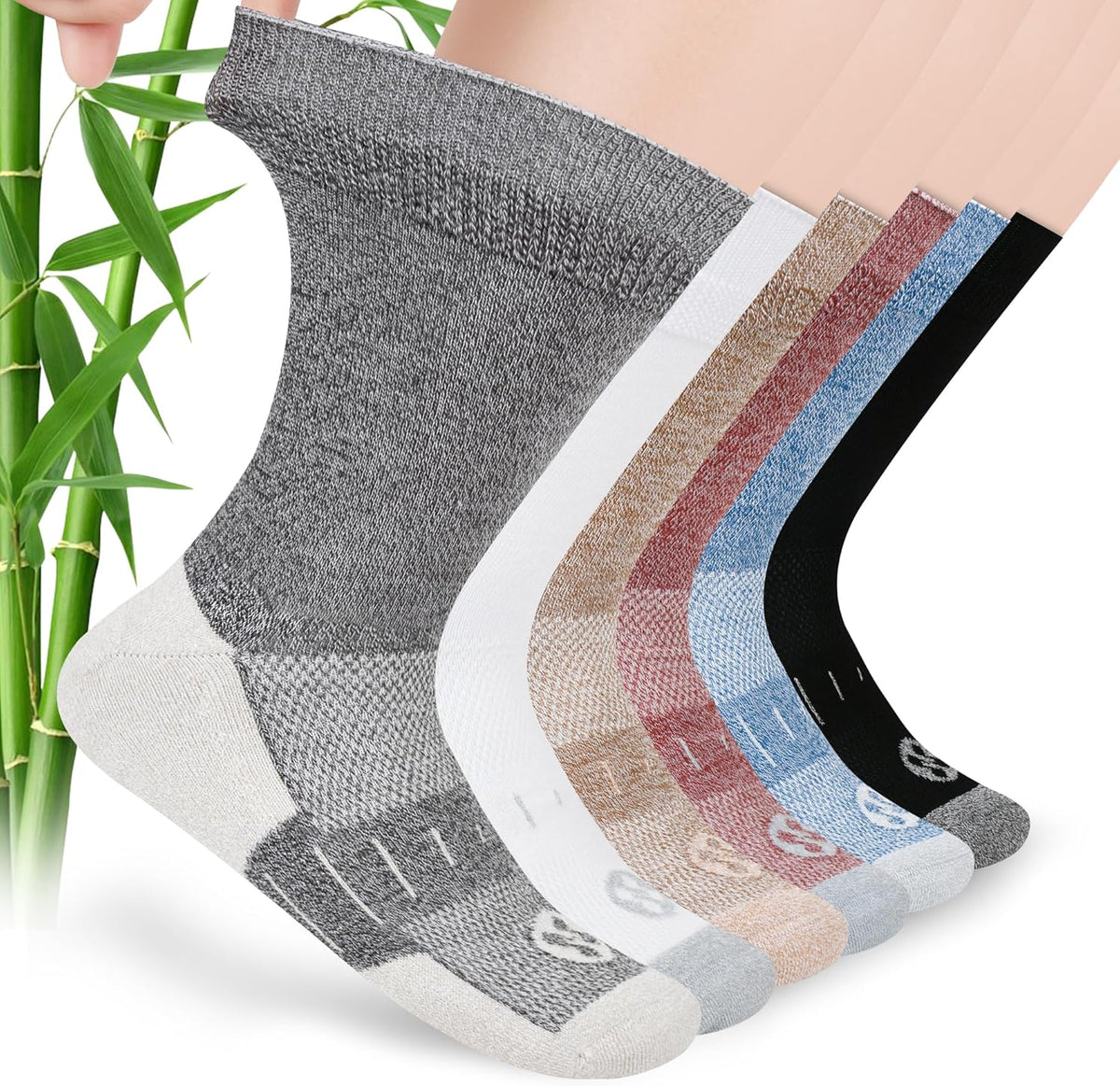 Nolunt diabetic socks for men 6 pairs front view showing crew length design.