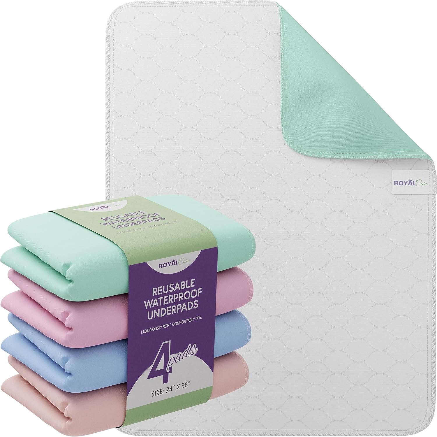 Royal Care Incontinence Bed Pads four pack front view showing assorted colors