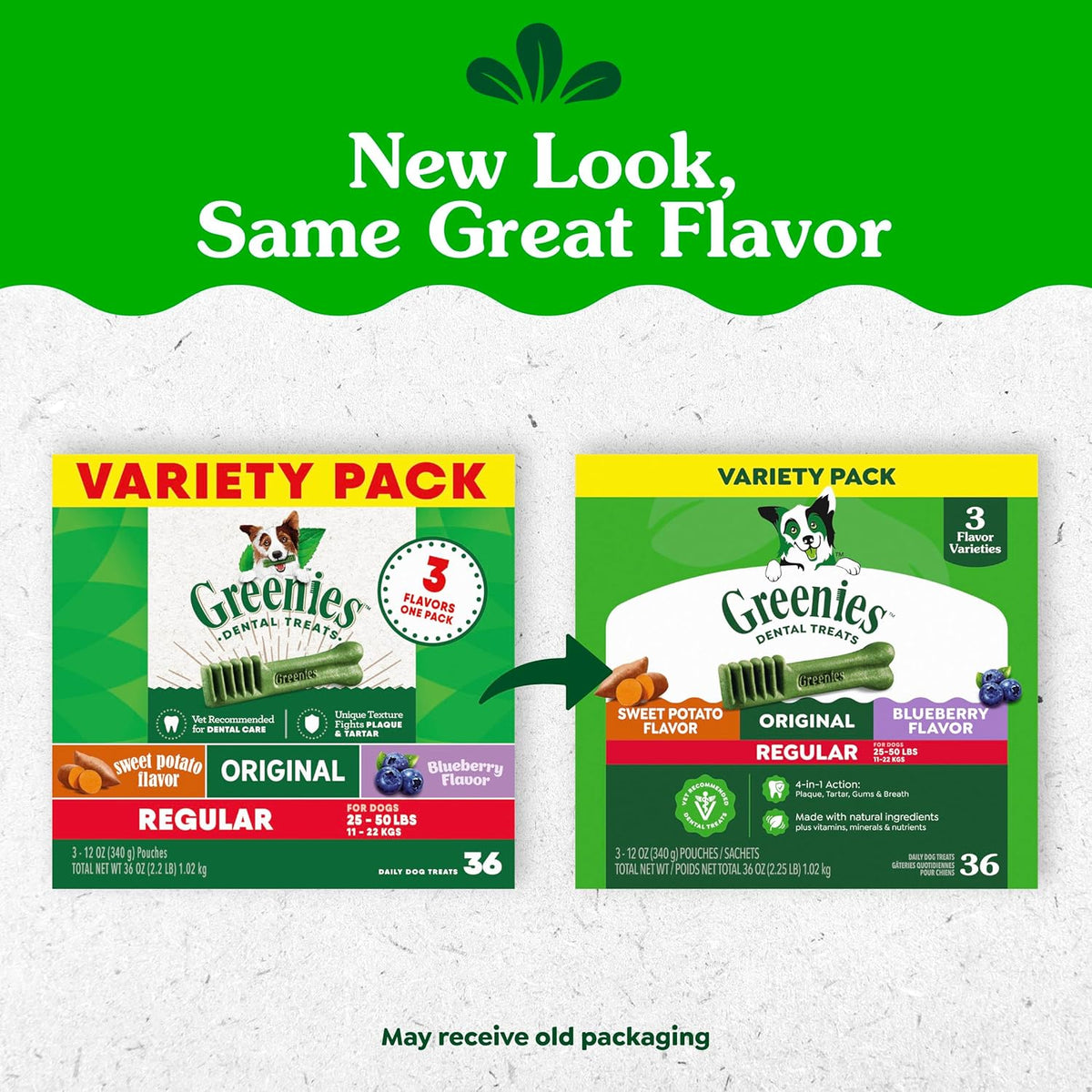 Greenies regular size dog dental chews in three flavor variety pack