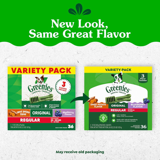 Greenies regular size dog dental chews in three flavor variety pack