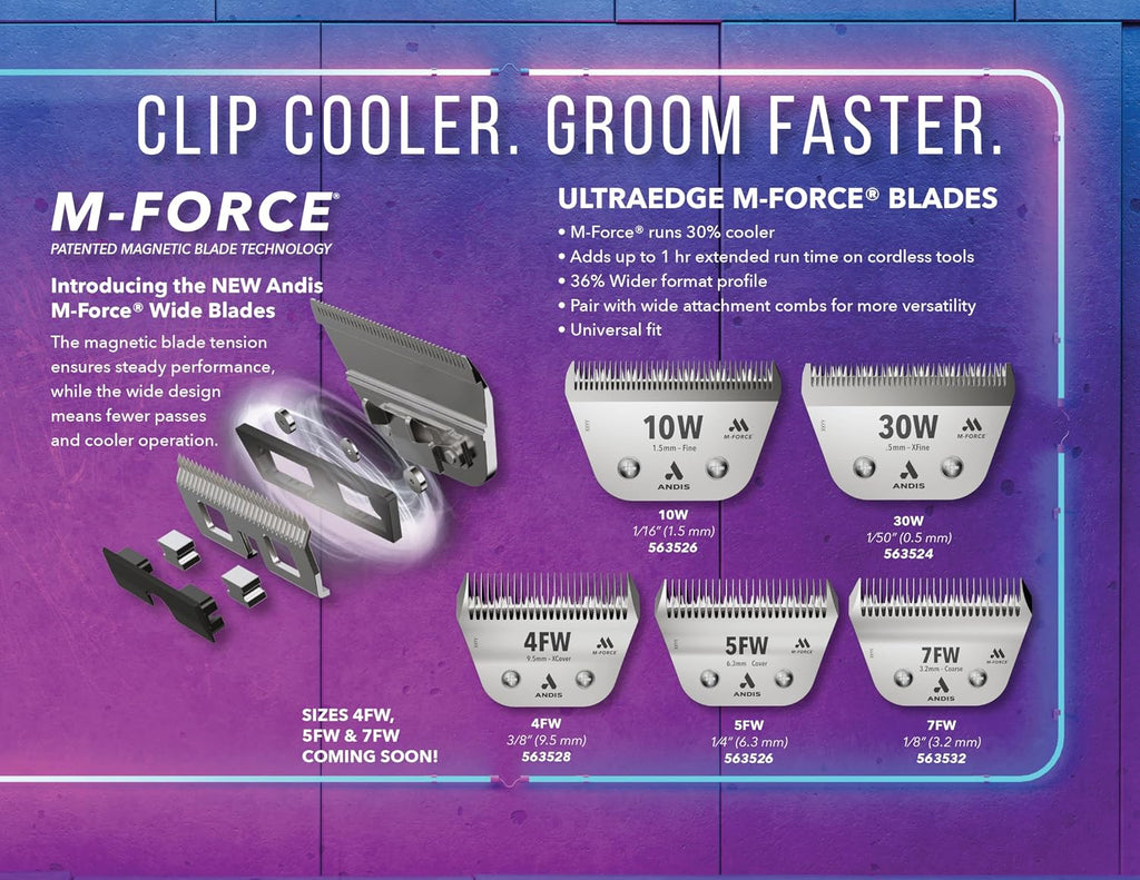 Back view of the authentic USA imported Andis M-Force 3.2 millimeters wide grooming blade detailing the hinge attachment.