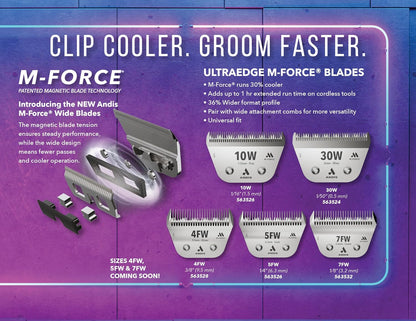 Back view of the authentic USA imported Andis M-Force 3.2 millimeters wide grooming blade detailing the hinge attachment.