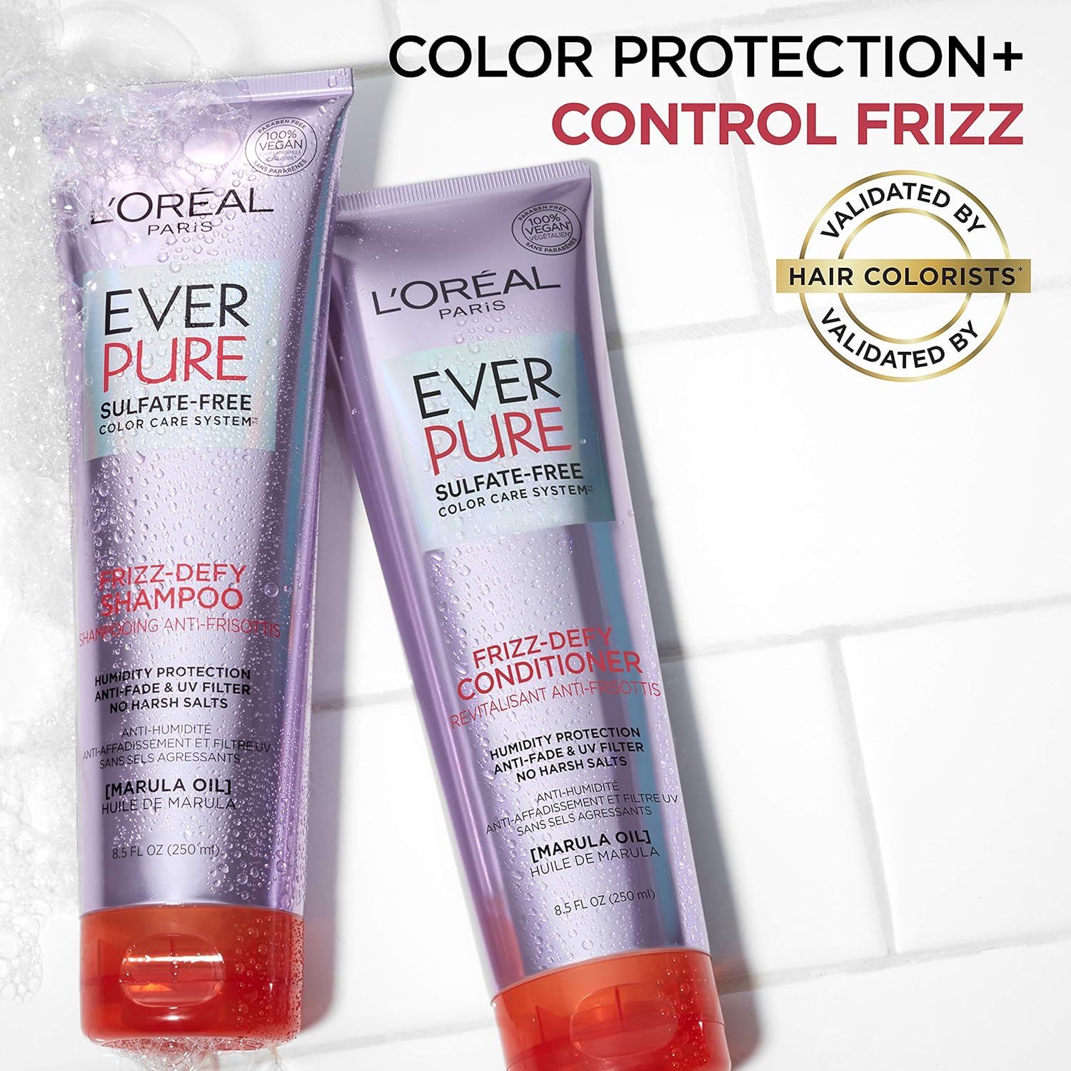 Side angle of two eight point five fluid ounce bottles of L'Oreal Paris EverPure shampoo