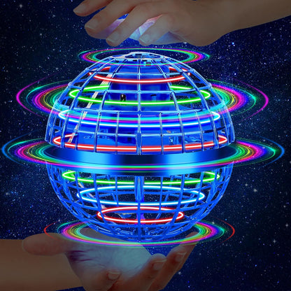 Tikduck flying orb ball toy navy front view showing the protective outer mesh cage and internal propeller system.