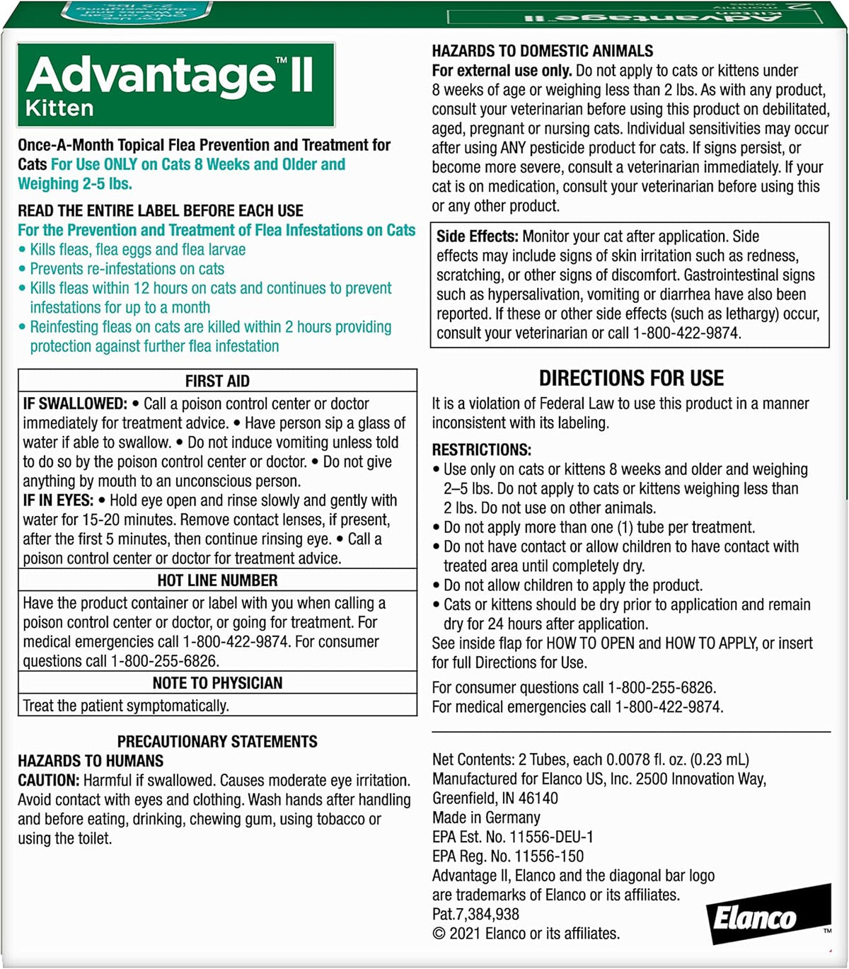 Advantage II topical spot-on tubes for young felines laid flat on a clean surface.