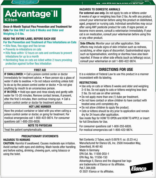 Advantage II topical spot-on tubes for young felines laid flat on a clean surface.