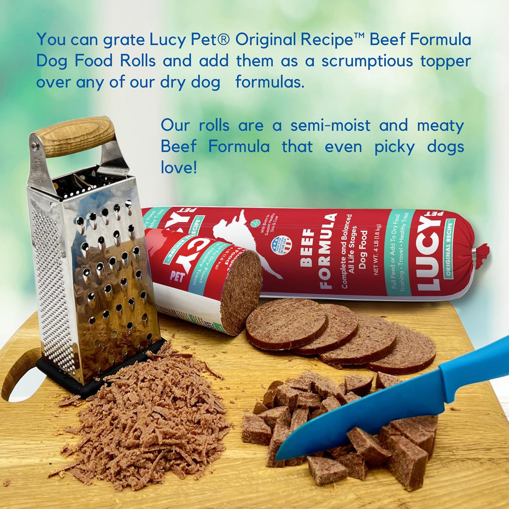 Close up of Lucy Pet Products dog food roll label