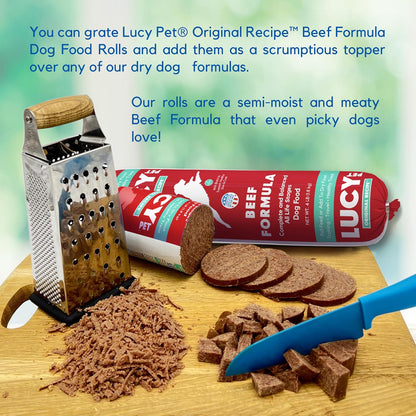 Close up of Lucy Pet Products dog food roll label
