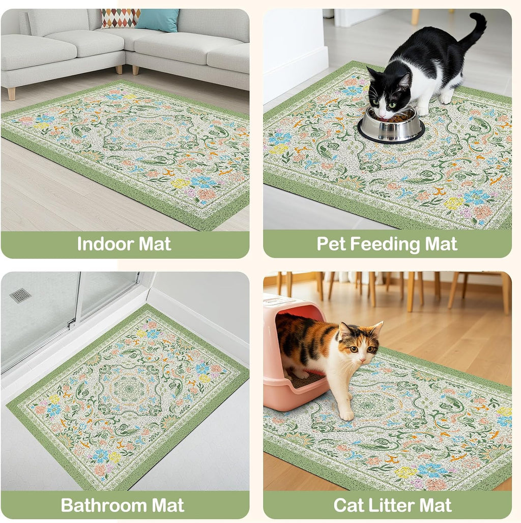 Glittme 33 by 22 inches large grey cat litter mat under a litter box