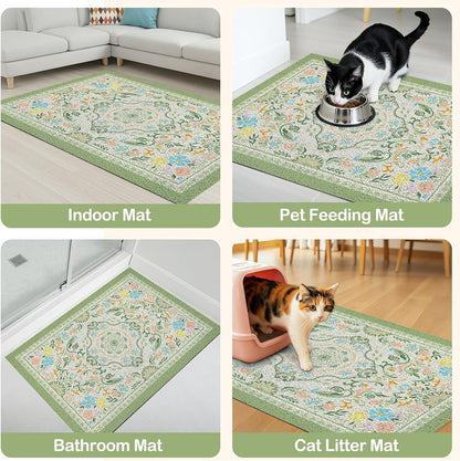 Glittme 33 by 22 inches large grey cat litter mat under a litter box