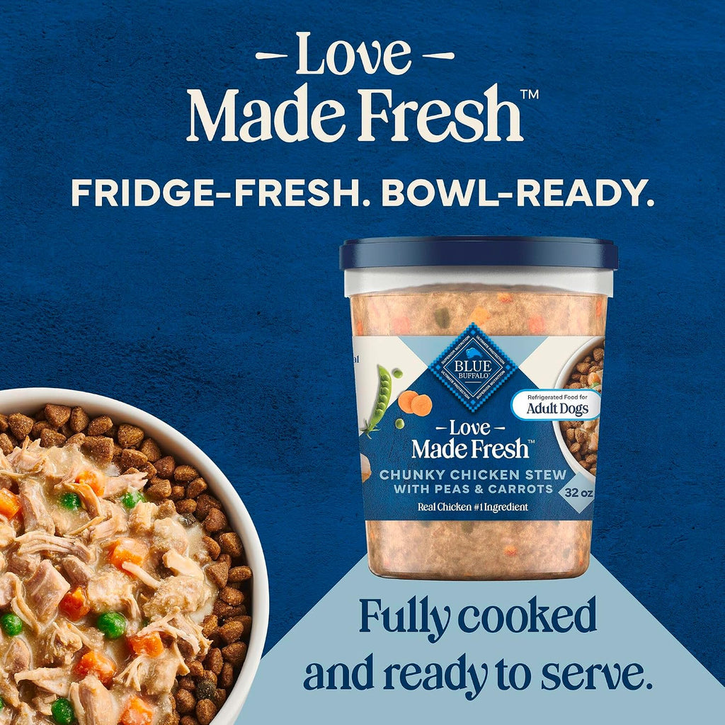 Healthy serving of Blue Buffalo chicken stew in a bowl