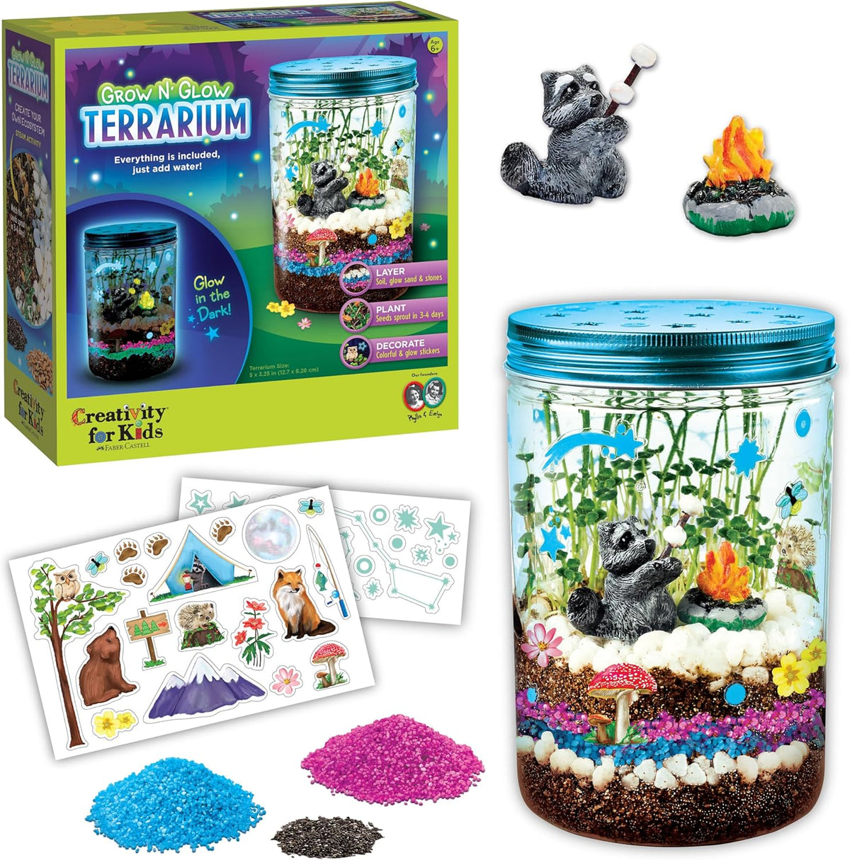 Creativity for Kids Grow N Glow Terrarium kit front view showcasing the complete packaging box and vibrant educational STEM theme.