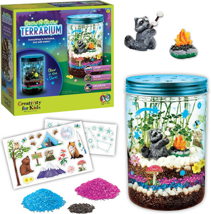 Creativity for Kids Grow N Glow Terrarium kit front view showcasing the complete packaging box and vibrant educational STEM theme.