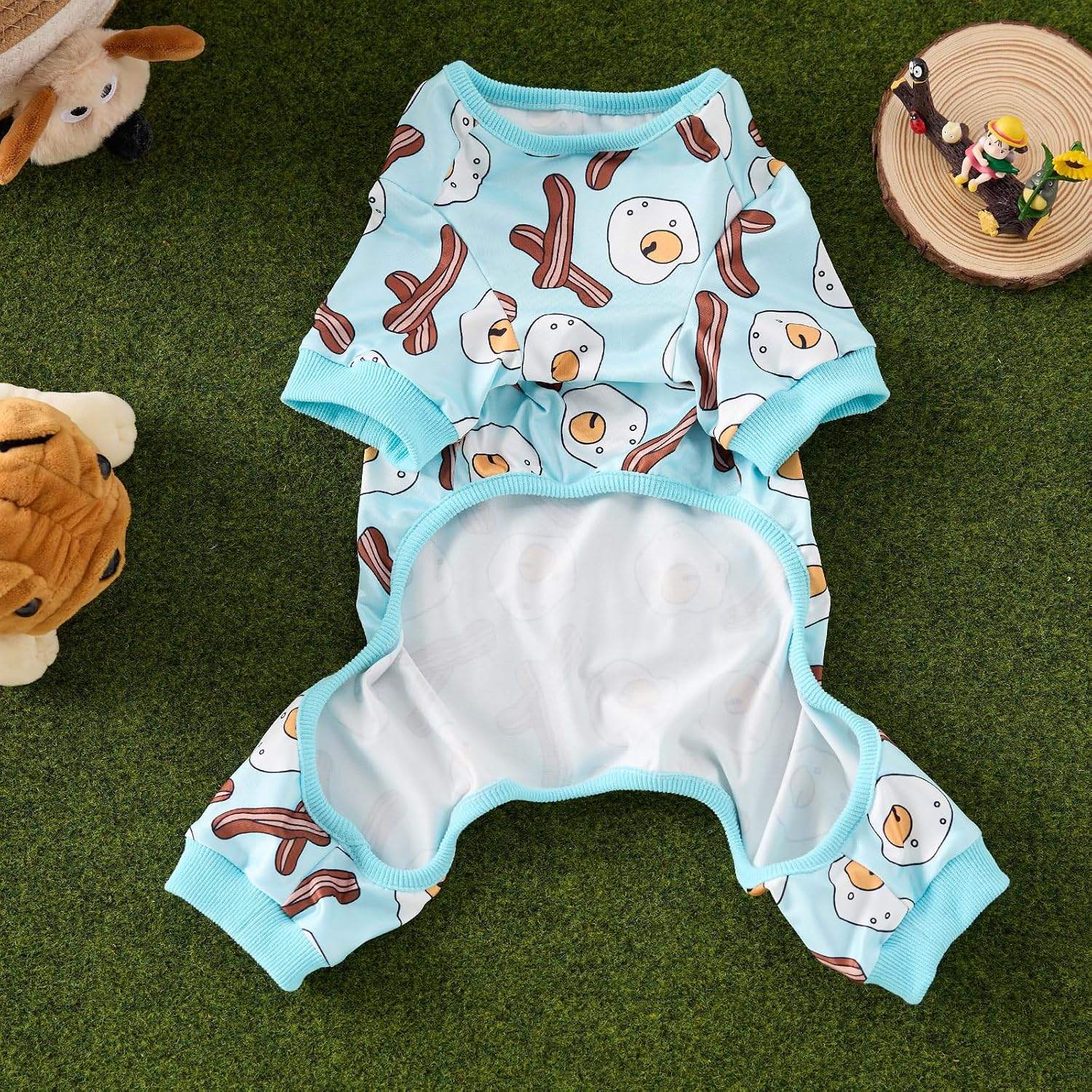 CozeVian four-legged pet jumpsuit showcasing the cute bacon and eggs print details