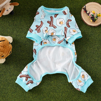 CozeVian four-legged pet jumpsuit showcasing the cute bacon and eggs print details