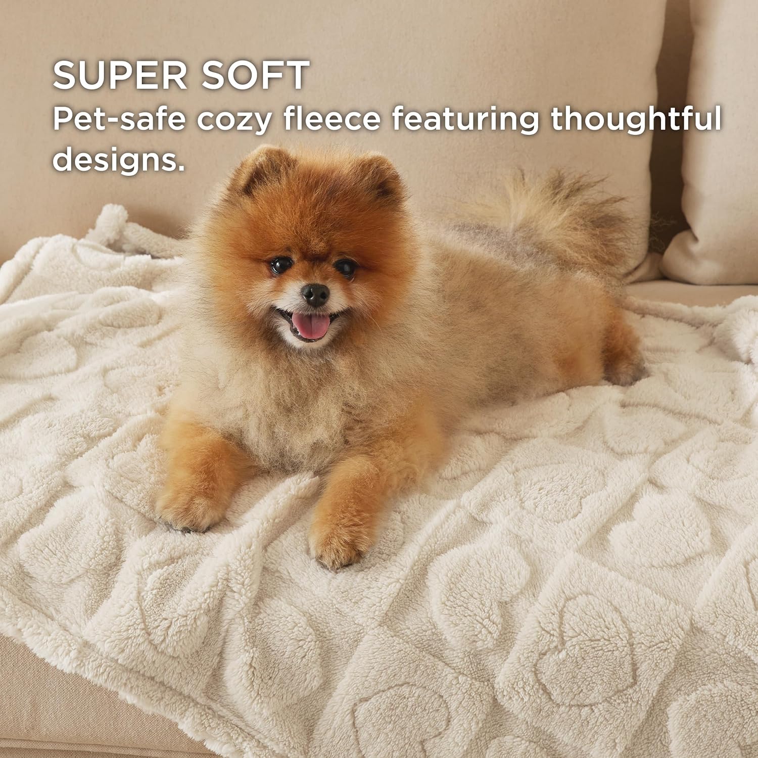 White Bedsure dog blanket spread neatly on a living room couch.