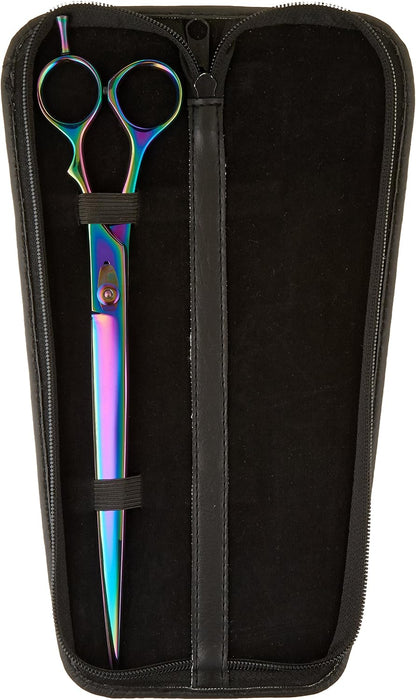 Close up of Tamsco professional grooming shears showing plasma rainbow finish