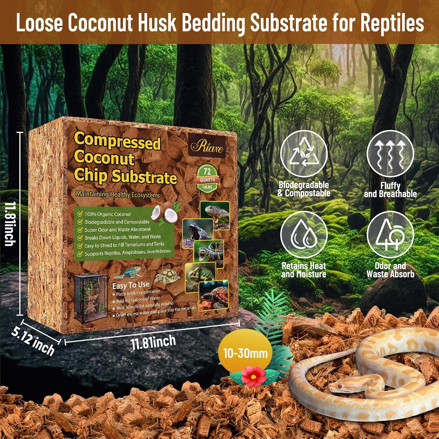 Riare premium coco husk chips expanding in water for terrarium bedding.
